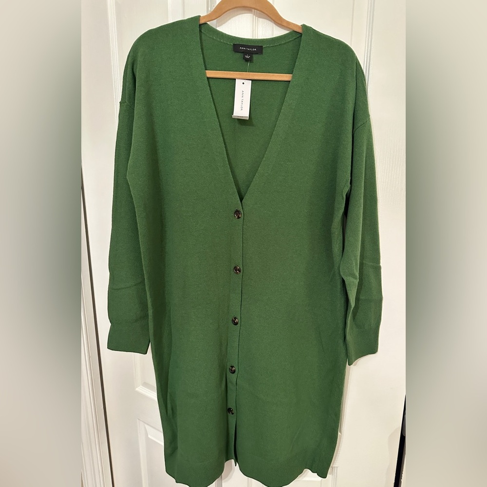 NWT Ann Taylor wool and nylon long button front cardigan. Size Large